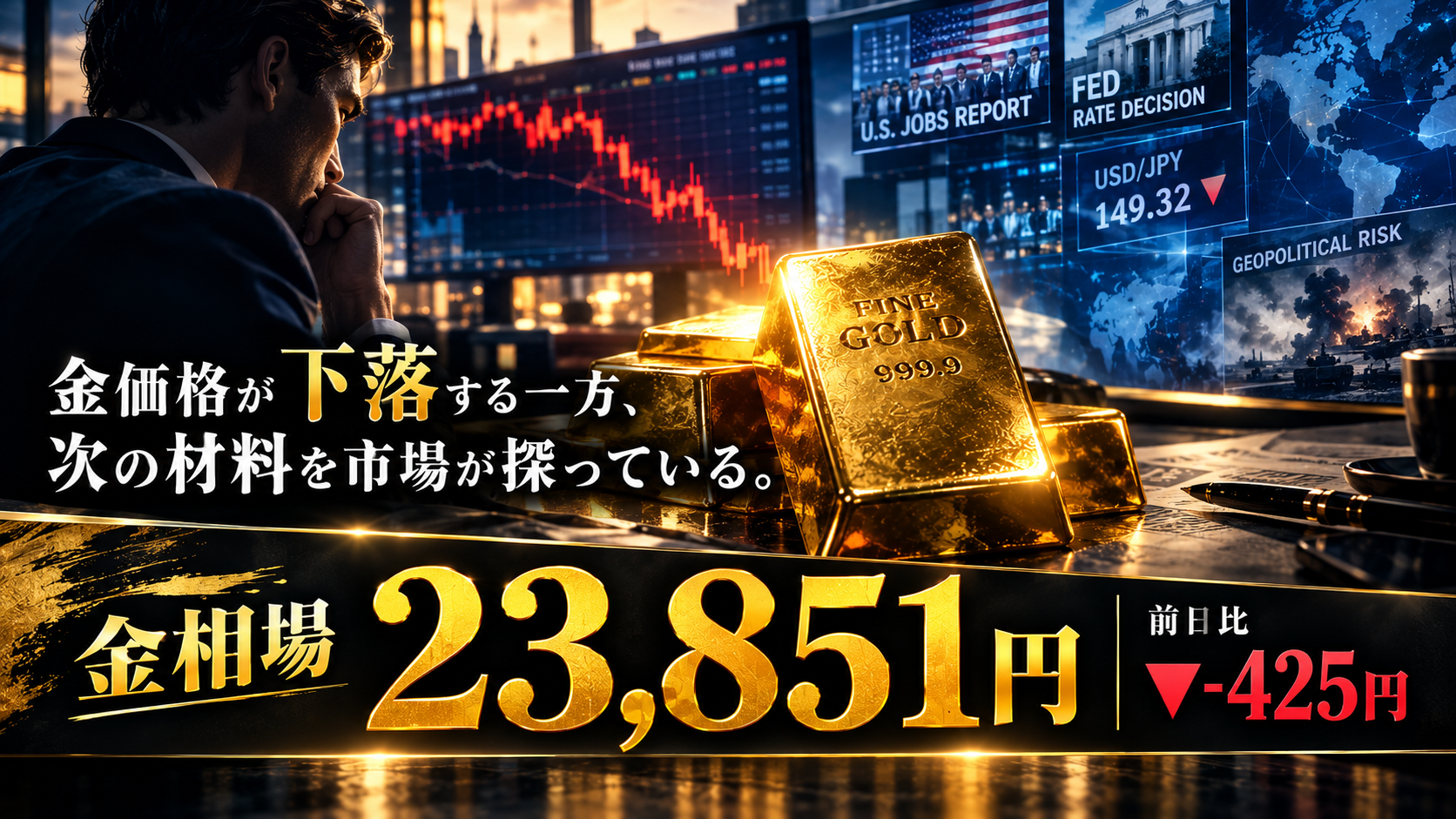 金相場23,851円、前日比−425円の急落。今週は米CPI・PPIが焦点に