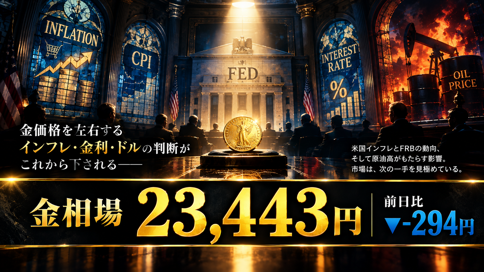 金相場23,443円、前日比-294円！米インフレ警戒で下落、注目集まるFRBの次の一手