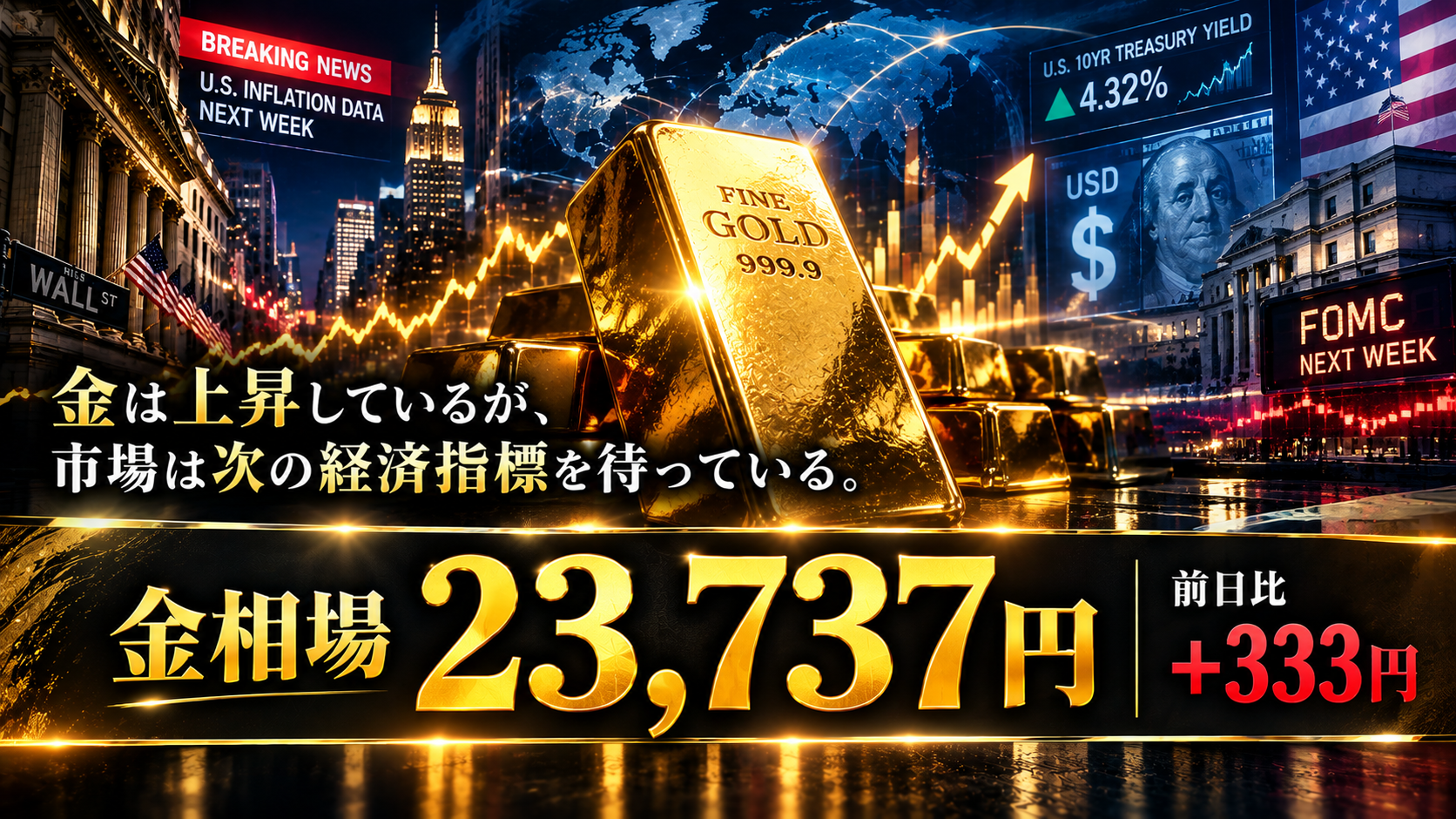 金相場23,737円、前日比+333円！米PPI・CPIを前に金が反発、次の焦点はFRBの判断へ